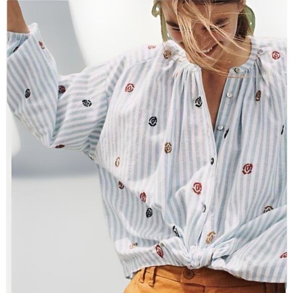 ANTHROPOLOGIE Akemi + Kim Size XS Adela Striped Embroidered Boho Blouse - Picture 1 of 9